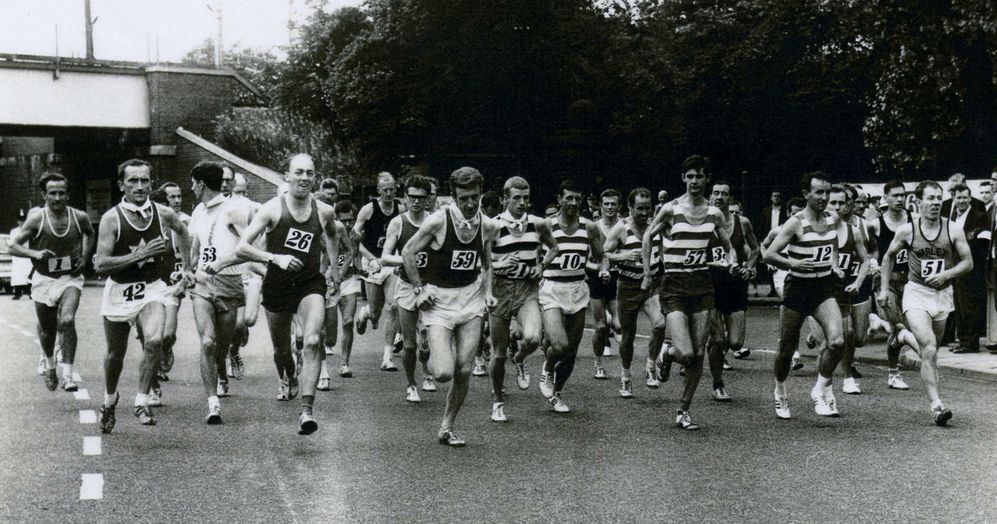 Len Durkin (26) and Brian Woolford (second right) at the start of the Liverpool Marathon in 1967
