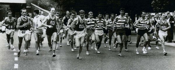 Len Durkin (26) and Brian Woolford (second right) at the start of the Liverpool Marathon in 1967