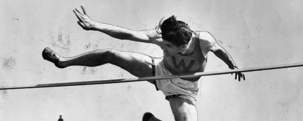 L. H. Platt (Wallasey A.C.) making the winning jump of 5 feet 8 inches in the Cheshire Athletic Championships, at Port Sunlight in 1952.